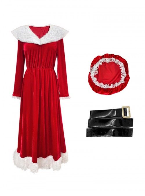 Original Christmas Series Red Velvet Christmas Holiday Party Dress Halloween Cosplay Costume Round Hat Belt Set