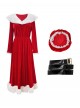 Original Christmas Series Red Velvet Christmas Holiday Party Dress Halloween Cosplay Costume Round Hat Belt Set
