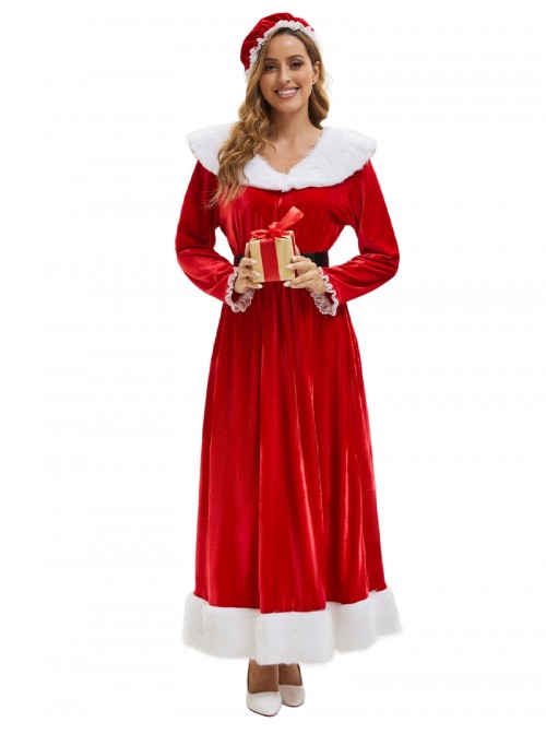 Original Christmas Series Red Velvet Christmas Holiday Party Dress Halloween Cosplay Costume Round Hat Belt Set