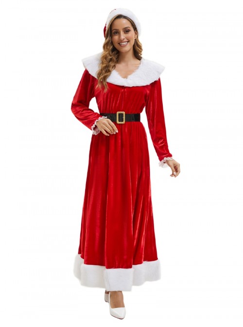 Original Christmas Series Elegant Red Velvet Christmas Holiday Party Dress Halloween Cosplay Costume Round Hat Belt Set