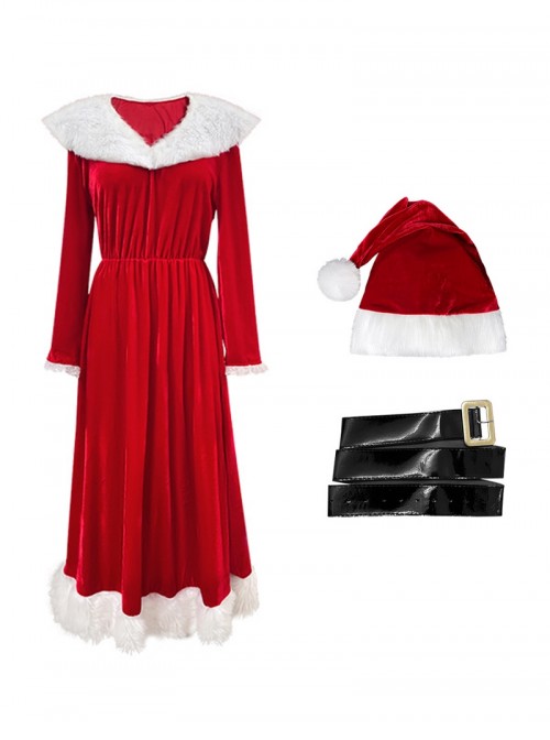 Original Christmas Series Elegant Red Velvet Christmas Holiday Party Dress Halloween Cosplay Costume Round Hat Belt Set