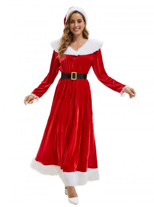 Original Christmas Series Elegant Red Velvet Christmas Holiday Party Dress Halloween Cosplay Costume Round Hat Belt Set