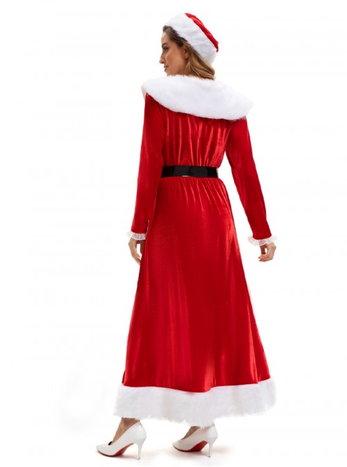 Original Christmas Series Elegant Red Velvet Christmas Holiday Party Dress Halloween Cosplay Costume Round Hat Belt Set