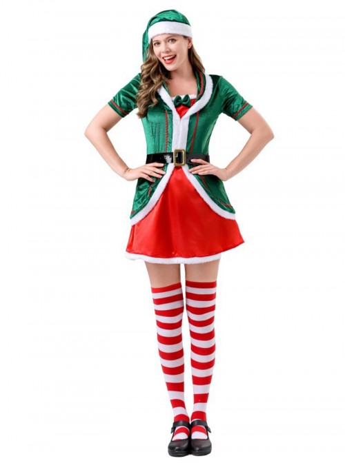 Original Christmas Series Green Christmas Elf Dress Halloween Cosplay Costume Hat Belt Striped Socks Set