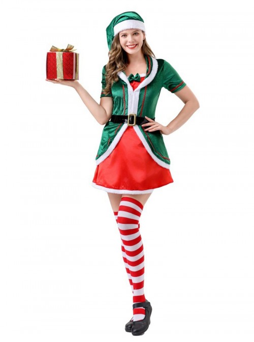 Original Christmas Series Green Christmas Elf Dress Halloween Cosplay Costume Hat Belt Striped Socks Set