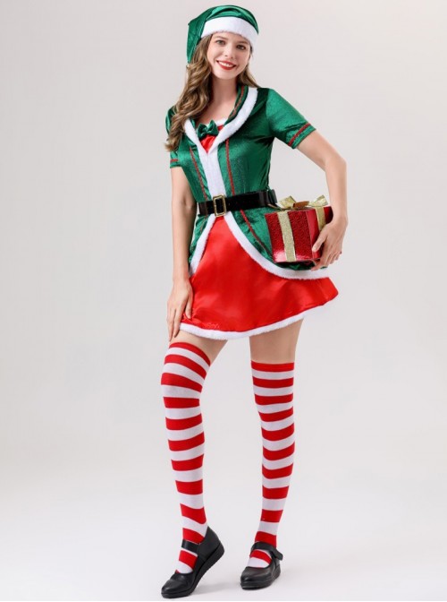 Original Christmas Series Green Christmas Elf Dress Halloween Cosplay Costume Hat Belt Striped Socks Set
