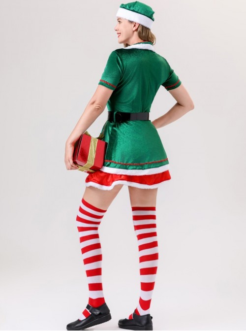 Original Christmas Series Green Christmas Elf Dress Halloween Cosplay Costume Hat Belt Striped Socks Set