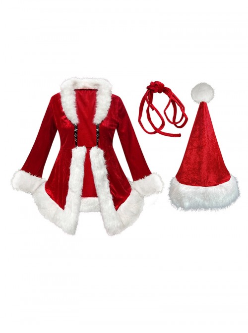 Original Christmas Series Red Christmas Long Sleeve Red Tie Up Dress Halloween Cosplay Costume Ribbon Hat Set
