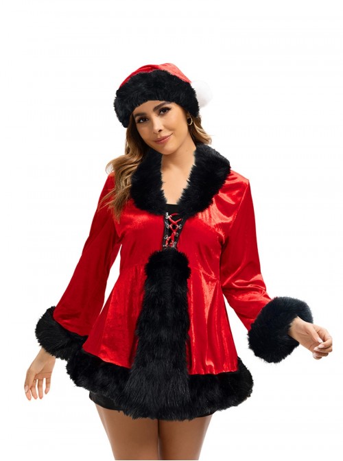 Original Christmas Series Red Christmas Long Sleeve Red Tie Up Dress Halloween Cosplay Costume Ribbon Hat Set