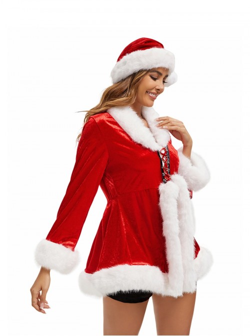 Original Christmas Series Red Christmas Long Sleeve Red Tie Up Dress Halloween Cosplay Costume Ribbon Hat Set