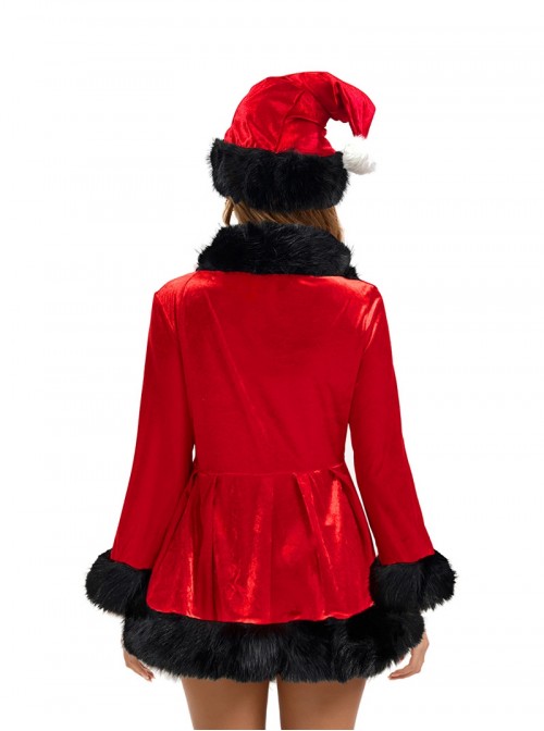 Original Christmas Series Red Christmas Long Sleeve Red Tie Up Dress Halloween Cosplay Costume Ribbon Hat Set