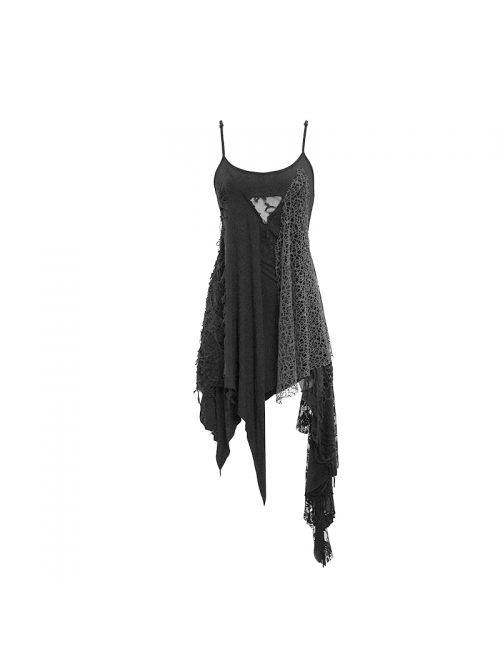 Black Knitted Splice Gray Mesh Broken Holes Asymmetrical Hem Punk Slip Dress