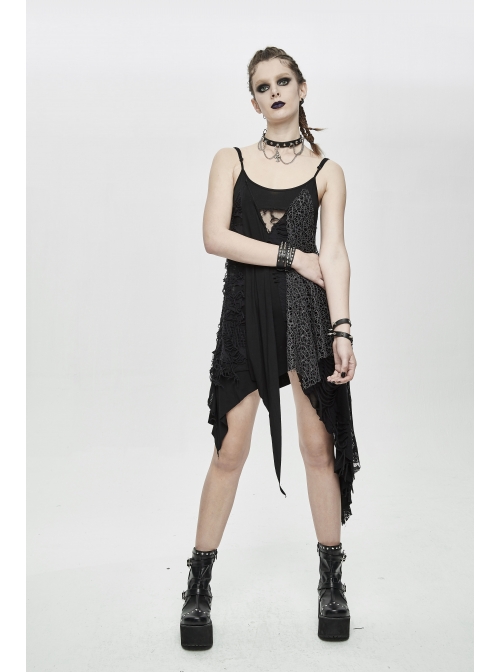 Black Knitted Splice Gray Mesh Broken Holes Asymmetrical Hem Punk Slip Dress