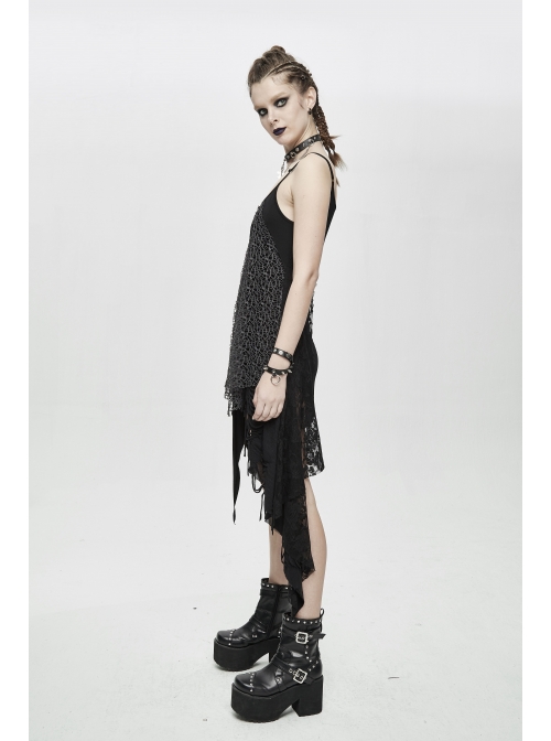 Black Knitted Splice Gray Mesh Broken Holes Asymmetrical Hem Punk Slip Dress