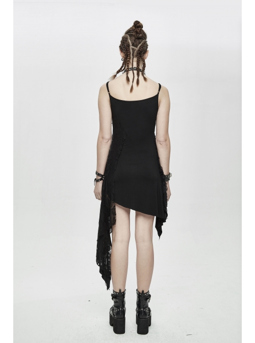 Black Knitted Splice Gray Mesh Broken Holes Asymmetrical Hem Punk Slip Dress