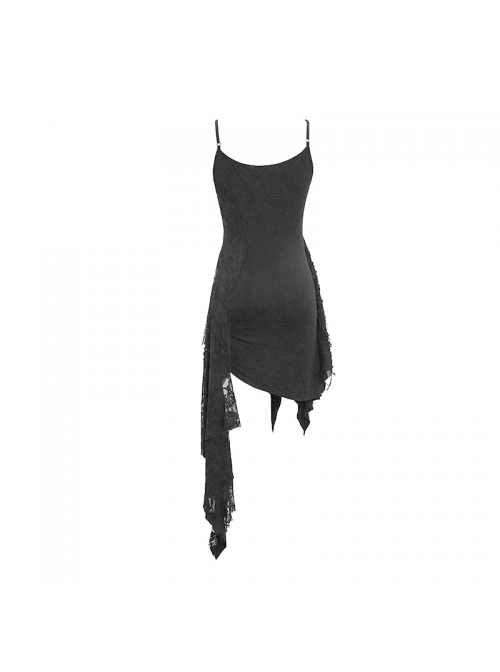 Black Knitted Splice Gray Mesh Broken Holes Asymmetrical Hem Punk Slip Dress