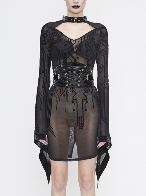 Circuit Diagram Flocking Printed Loop Collar Flared Sleeve Black Punk Dress
