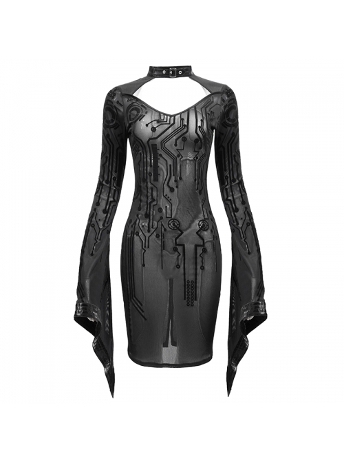Circuit Diagram Flocking Printed Loop Collar Flared Sleeve Black Punk Dress