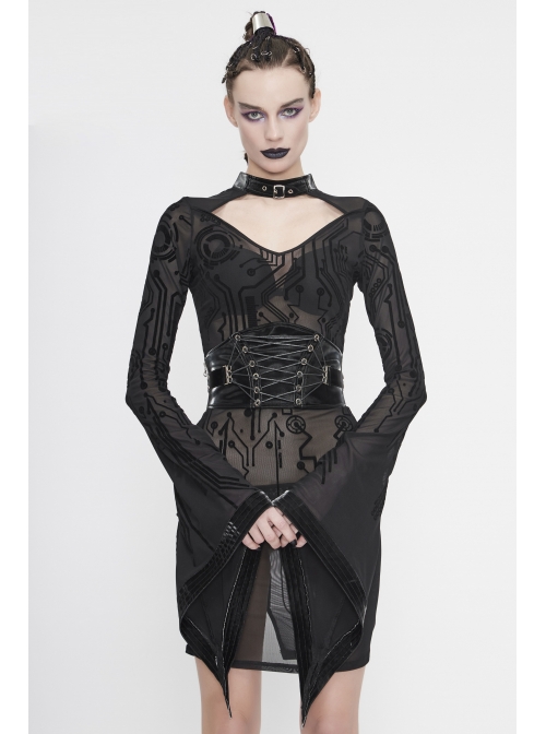 Circuit Diagram Flocking Printed Loop Collar Flared Sleeve Black Punk Dress