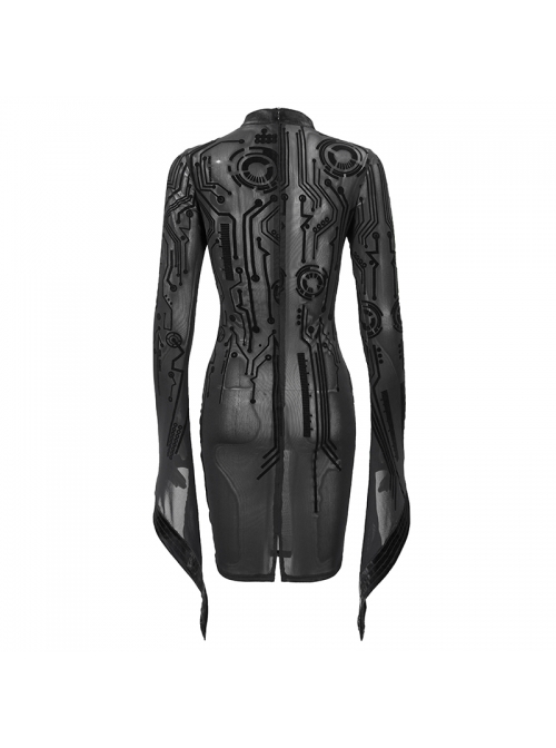 Circuit Diagram Flocking Printed Loop Collar Flared Sleeve Black Punk Dress