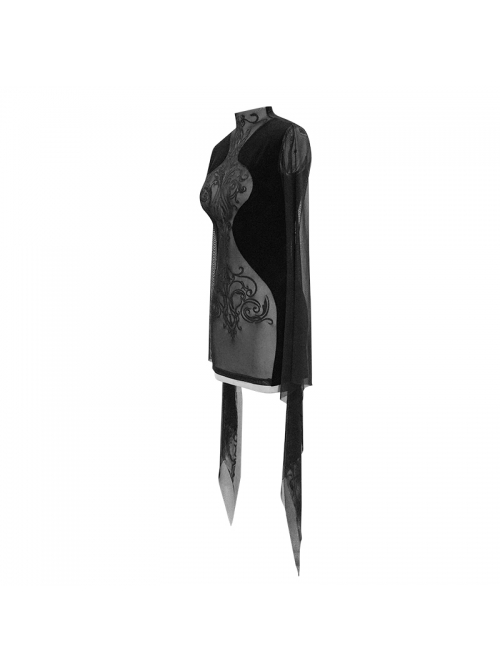 Translucent Embroidered Splice Velvet Big Flared Sleeves Black Gothic Short Dress
