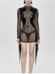 Translucent Embroidered Splice Velvet Big Flared Sleeves Black Gothic Short Dress