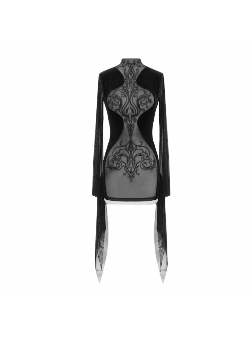 Translucent Embroidered Splice Velvet Big Flared Sleeves Black Gothic Short Dress