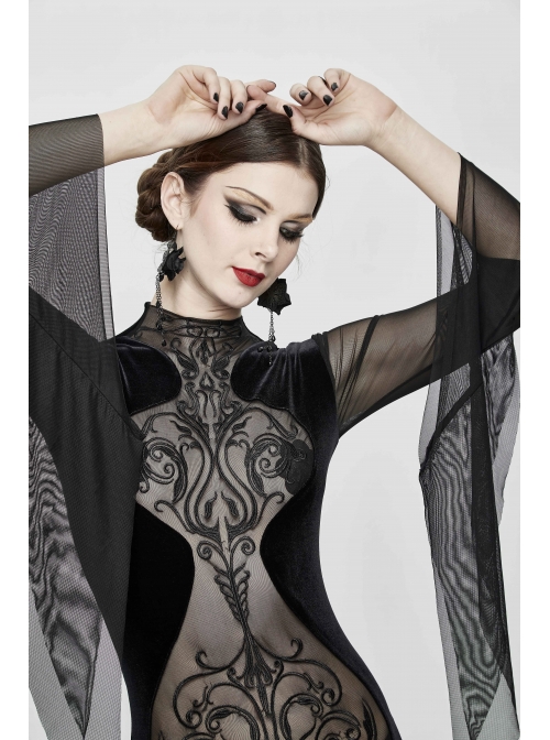 Translucent Embroidered Splice Velvet Big Flared Sleeves Black Gothic Short Dress
