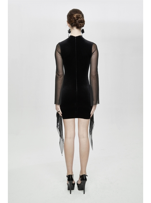Translucent Embroidered Splice Velvet Big Flared Sleeves Black Gothic Short Dress