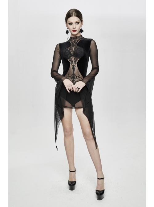 Translucent Embroidered Splice Velvet Big Flared Sleeves Black Gothic Short Dress