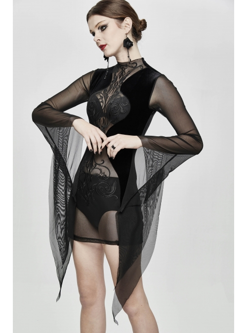 Translucent Embroidered Splice Velvet Big Flared Sleeves Black Gothic Short Dress