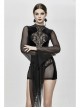 Translucent Embroidered Splice Velvet Big Flared Sleeves Black Gothic Short Dress
