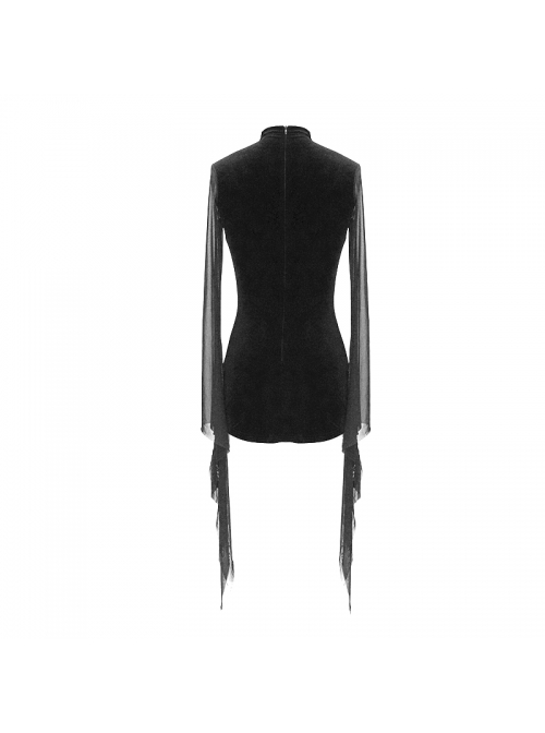 Translucent Embroidered Splice Velvet Big Flared Sleeves Black Gothic Short Dress