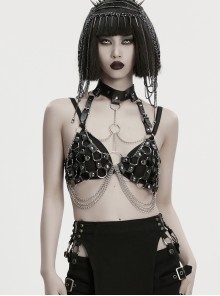 Black Artificial Leather Sexy Hollow-Out Design Hot-Girl Aesthetic Punk Style Choker Chest Chain