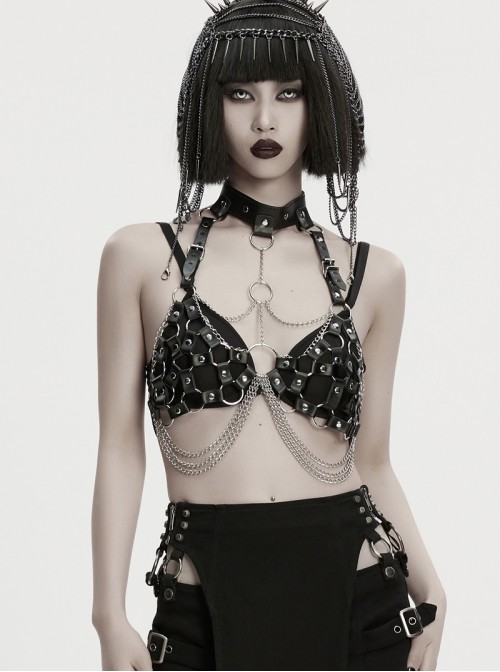Black Artificial Leather Sexy Hollow-Out Design Hot-Girl Aesthetic Punk Style Choker Chest Chain