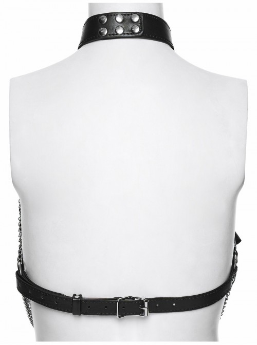 Black Artificial Leather Sexy Hollow-Out Design Hot-Girl Aesthetic Punk Style Choker Chest Chain
