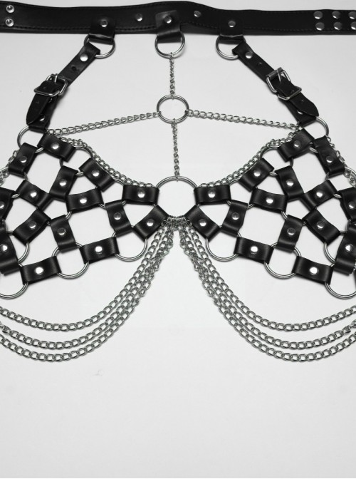 Black Artificial Leather Sexy Hollow-Out Design Hot-Girl Aesthetic Punk Style Choker Chest Chain