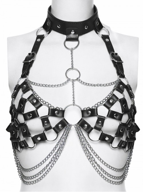 Black Artificial Leather Sexy Hollow-Out Design Hot-Girl Aesthetic Punk Style Choker Chest Chain