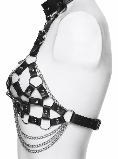 Black Artificial Leather Sexy Hollow-Out Design Hot-Girl Aesthetic Punk Style Choker Chest Chain