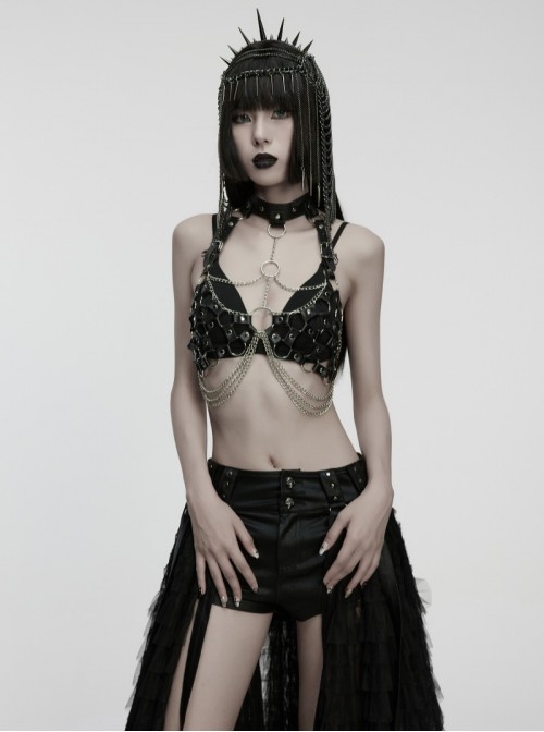 Black Artificial Leather Sexy Hollow-Out Design Hot-Girl Aesthetic Punk Style Choker Chest Chain