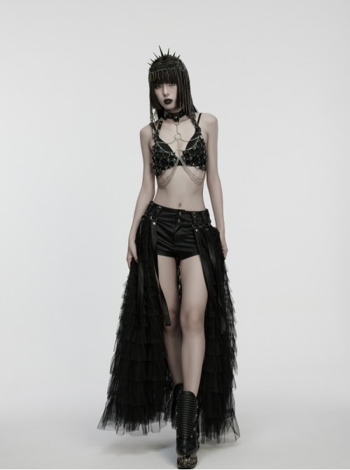 Black Artificial Leather Sexy Hollow-Out Design Hot-Girl Aesthetic Punk Style Choker Chest Chain