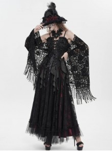 Black Hollow Out Flowers Knitting Lace Tassel Elegant Gothic Style Shawl