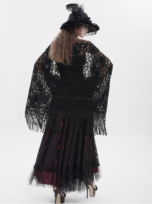 Black Hollow Out Flowers Knitting Lace Tassel Elegant Gothic Style Shawl