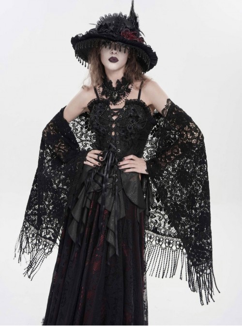 Black Hollow Out Flowers Knitting Lace Tassel Elegant Gothic Style Shawl