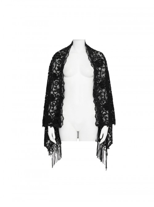 Black Hollow Out Flowers Knitting Lace Tassel Elegant Gothic Style Shawl
