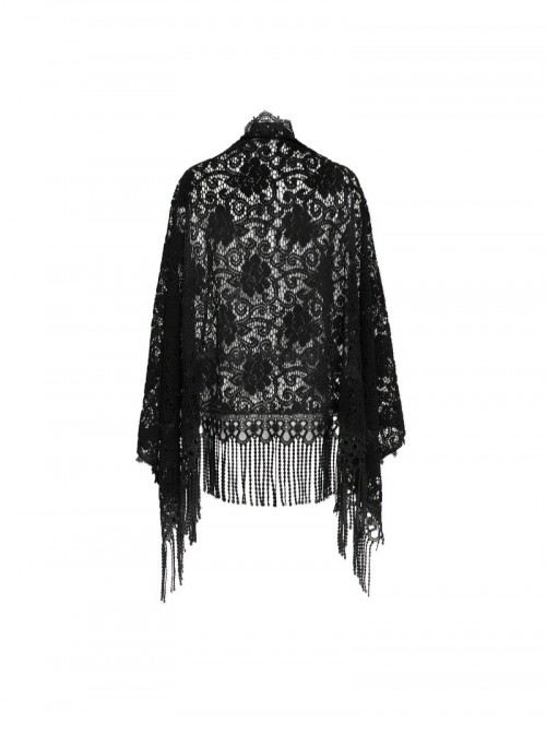 Black Hollow Out Flowers Knitting Lace Tassel Elegant Gothic Style Shawl