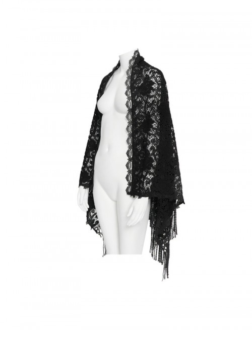 Black Hollow Out Flowers Knitting Lace Tassel Elegant Gothic Style Shawl