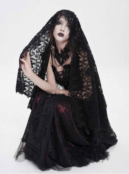 Black Hollow Out Flowers Knitting Lace Tassel Elegant Gothic Style Shawl