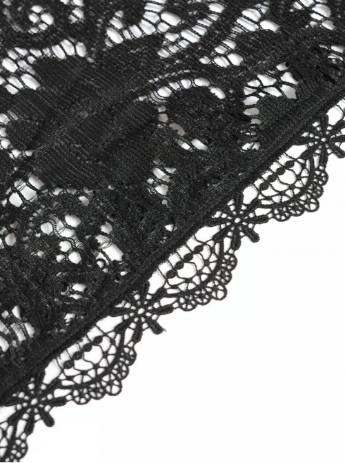 Black Hollow Out Flowers Knitting Lace Tassel Elegant Gothic Style Shawl