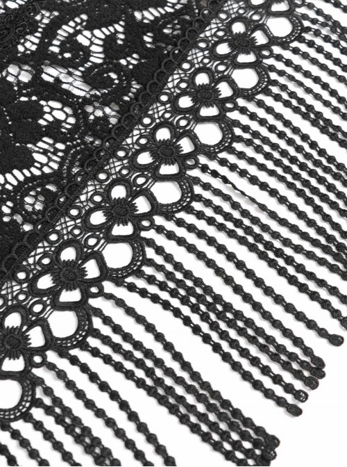 Black Hollow Out Flowers Knitting Lace Tassel Elegant Gothic Style Shawl